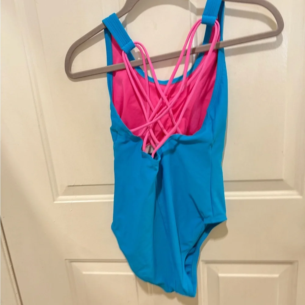 Adidas one piece logo cross back blue & pink swimsuit medium - Picture 7 of 9